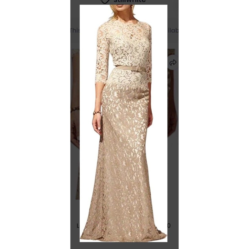 Tadashi Shoji Lace Gown Womens 4p Beige V-Neck 3/4 Sleeve Formal Mother Of Bride